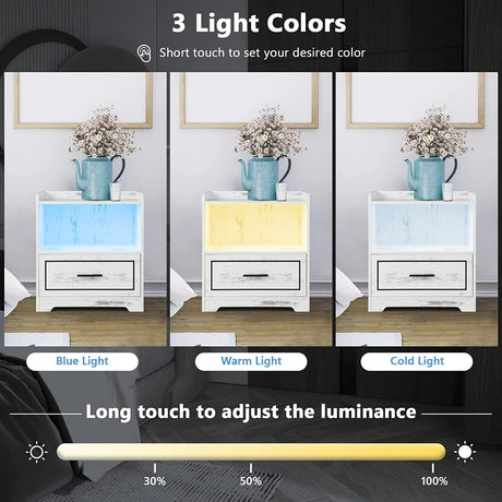 Smart LED Nightstand Sofa Side Table with USB Charging Station-White