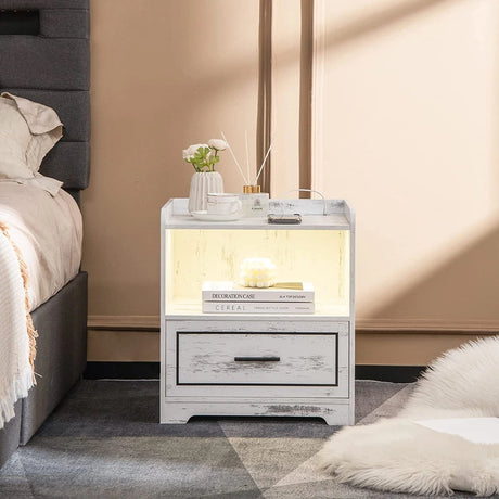 Smart LED Nightstand Sofa Side Table with USB Charging Station-White