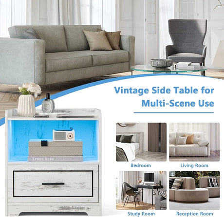 Smart LED Nightstand Sofa Side Table with USB Charging Station-White