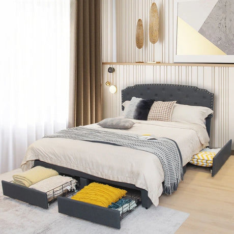 Upholstered Double Bed Frame with 4 Storage Drawers and Adjustable Headboard-210 x 164 cm