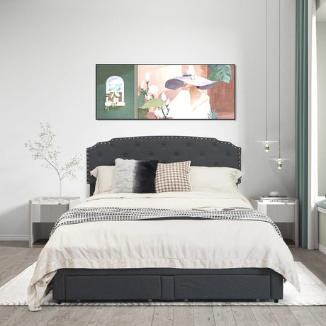 Upholstered Double Bed Frame with 4 Storage Drawers and Adjustable Headboard-210 x 164 cm