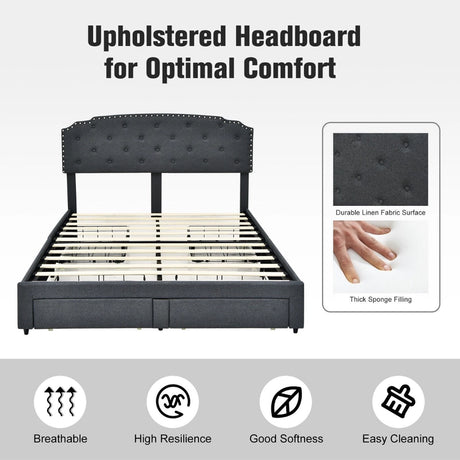 Upholstered Double Bed Frame with 4 Storage Drawers and Adjustable Headboard-197 x 150 cm