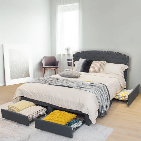 Upholstered Double Bed Frame with 4 Storage Drawers and Adjustable Headboard-197 x 150 cm