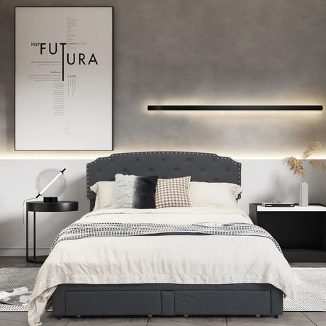 Upholstered Double Bed Frame with 4 Storage Drawers and Adjustable Headboard-197 x 150 cm