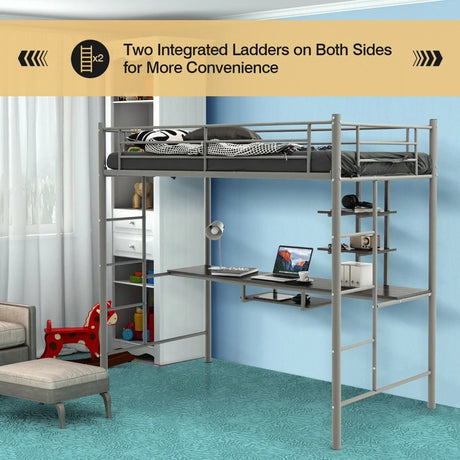 Metal Bunk Bed Frame High Sleeper with Desk and Storage Shelves-Silver