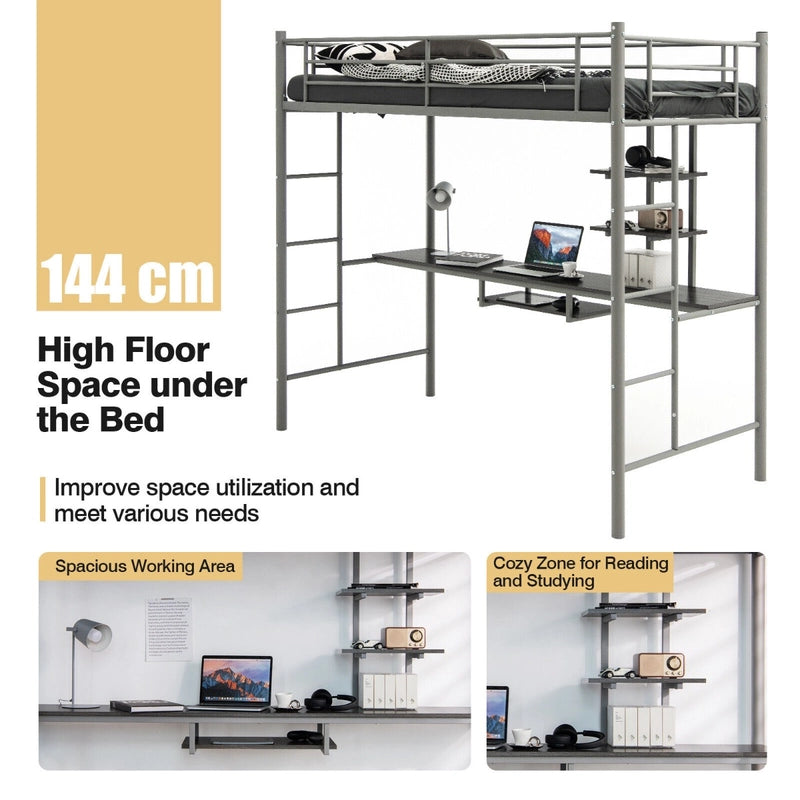 Metal Bunk Bed Frame High Sleeper with Desk and Storage Shelves-Silver