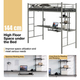 Metal Bunk Bed Frame High Sleeper with Desk and Storage Shelves-Silver