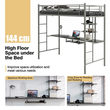 Metal Bunk Bed Frame High Sleeper with Desk and Storage Shelves-Silver
