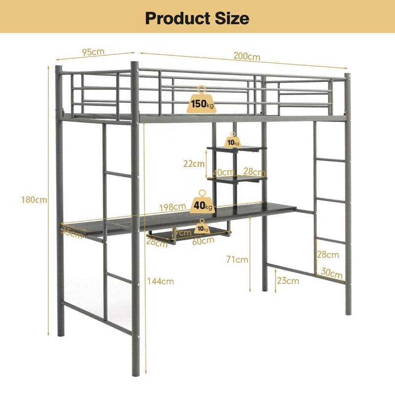 Metal Bunk Bed Frame High Sleeper with Desk and Storage Shelves-Silver