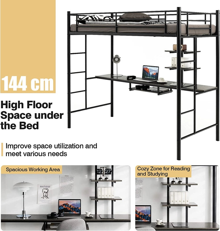 Metal Bunk Bed Frame High Sleeper with Desk and Storage Shelves-Black