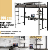 Metal Bunk Bed Frame High Sleeper with Desk and Storage Shelves-Black