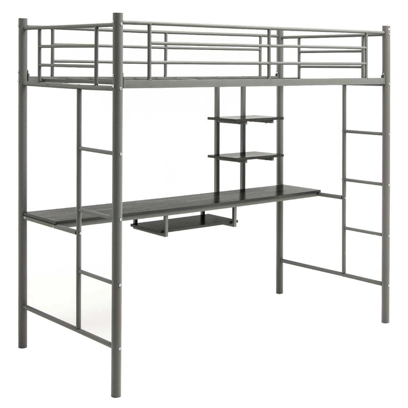 Metal Bunk Bed Frame High Sleeper with Desk and Storage Shelves-Silver