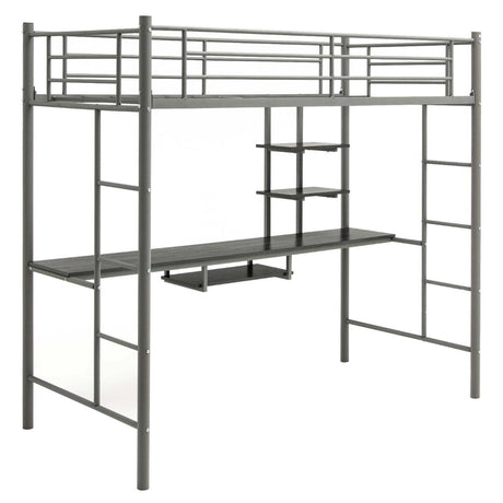 Metal Bunk Bed Frame High Sleeper with Desk and Storage Shelves-Silver