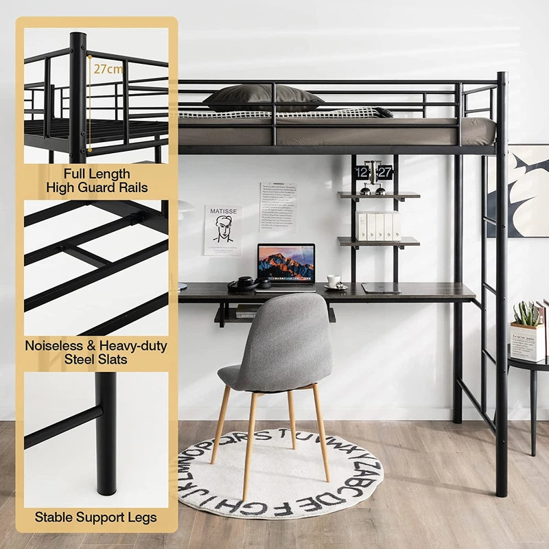 Metal Bunk Bed Frame High Sleeper with Desk and Storage Shelves-Black