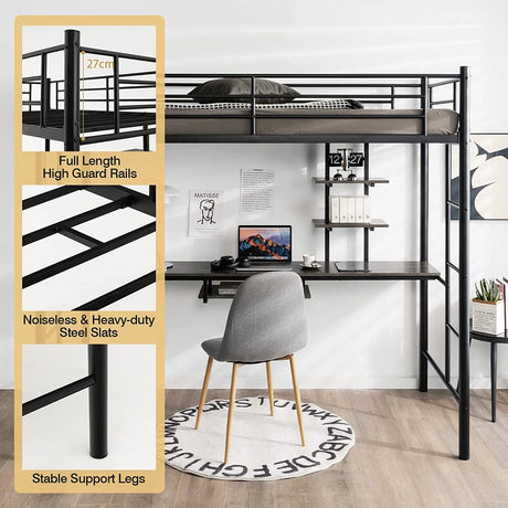 Metal Bunk Bed Frame High Sleeper with Desk and Storage Shelves-Black