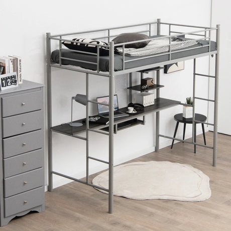 Metal Bunk Bed Frame High Sleeper with Desk and Storage Shelves-Silver