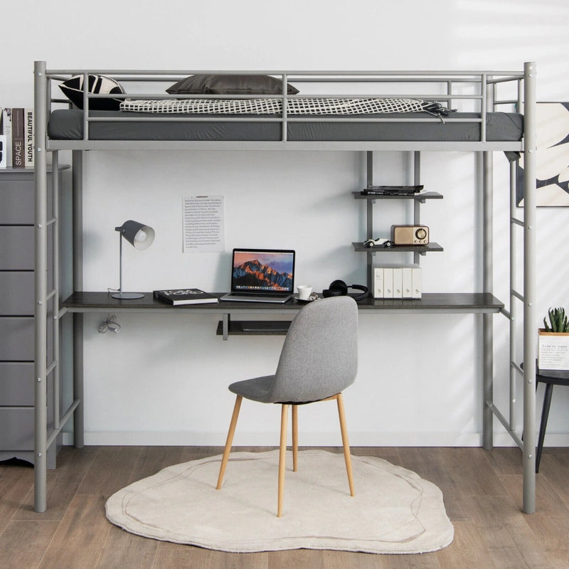 Metal Bunk Bed Frame High Sleeper with Desk and Storage Shelves-Silver