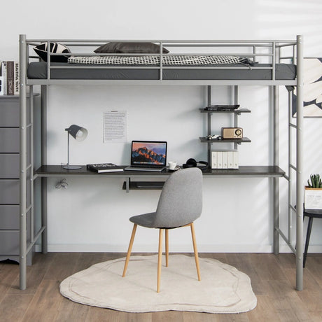 Metal Bunk Bed Frame High Sleeper with Desk and Storage Shelves-Silver