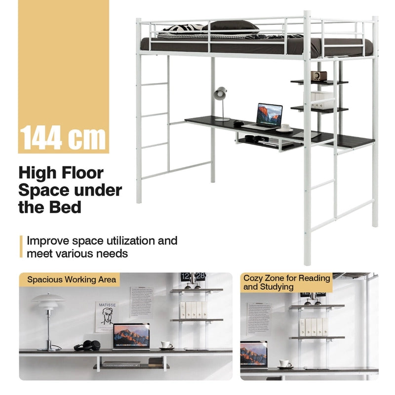 Metal Bunk Bed Frame High Sleeper with Desk and Storage Shelves-White