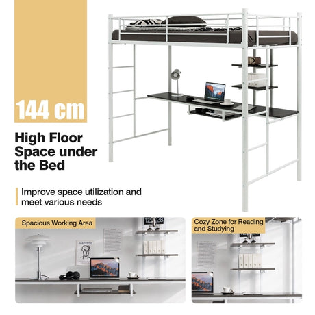Metal Bunk Bed Frame High Sleeper with Desk and Storage Shelves-White