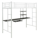 Metal Bunk Bed Frame High Sleeper with Desk and Storage Shelves-White