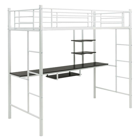 Metal Bunk Bed Frame High Sleeper with Desk and Storage Shelves-White