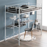 Metal Bunk Bed Frame High Sleeper with Desk and Storage Shelves-White