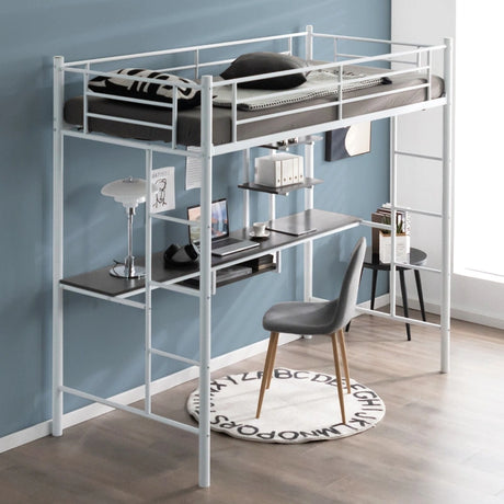 Metal Bunk Bed Frame High Sleeper with Desk and Storage Shelves-White
