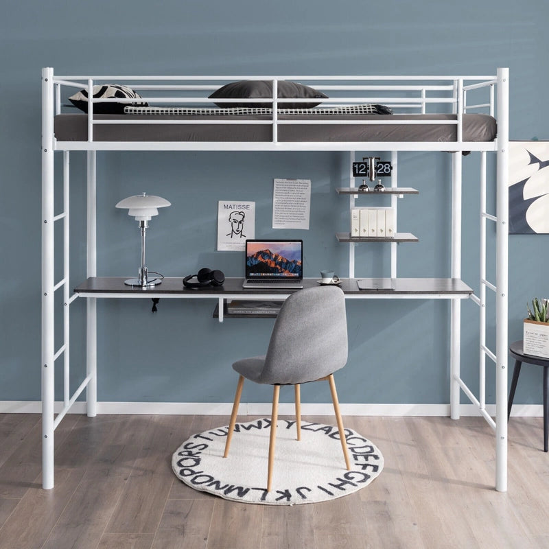 Metal Bunk Bed Frame High Sleeper with Desk and Storage Shelves-White