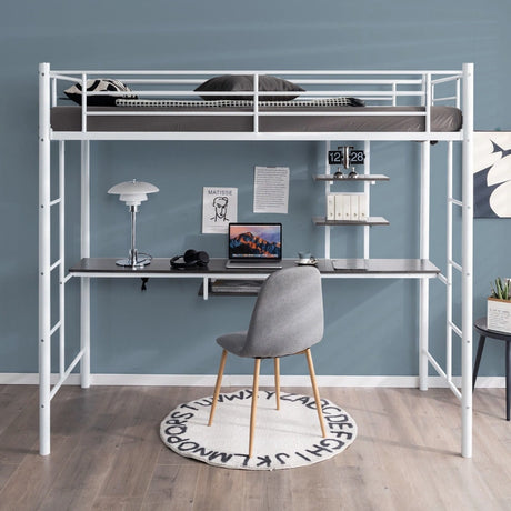 Metal Bunk Bed Frame High Sleeper with Desk and Storage Shelves-White