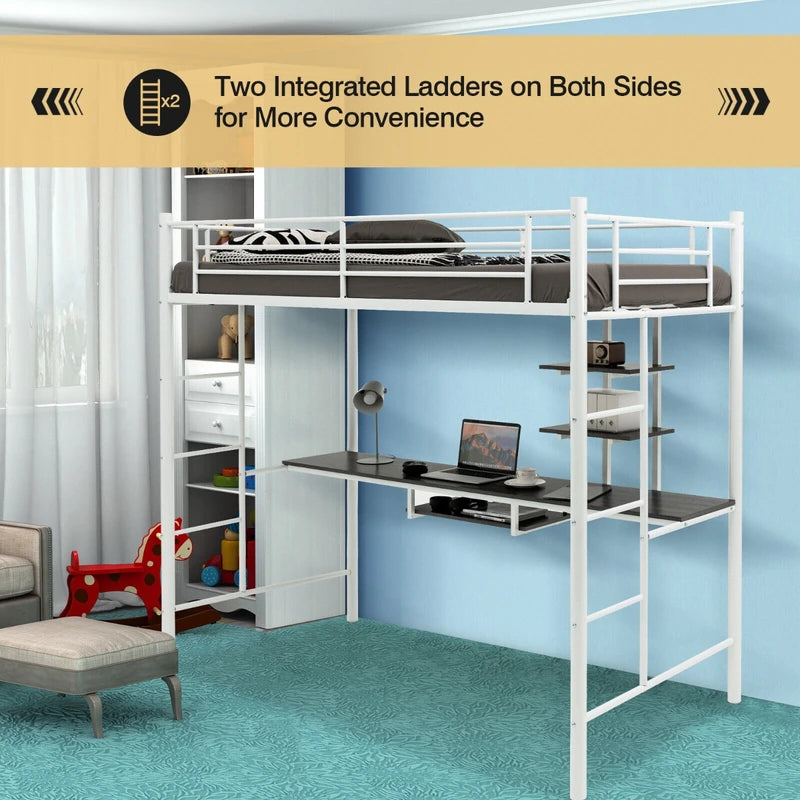 Metal Bunk Bed Frame High Sleeper with Desk and Storage Shelves-White