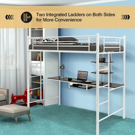 Metal Bunk Bed Frame High Sleeper with Desk and Storage Shelves-White