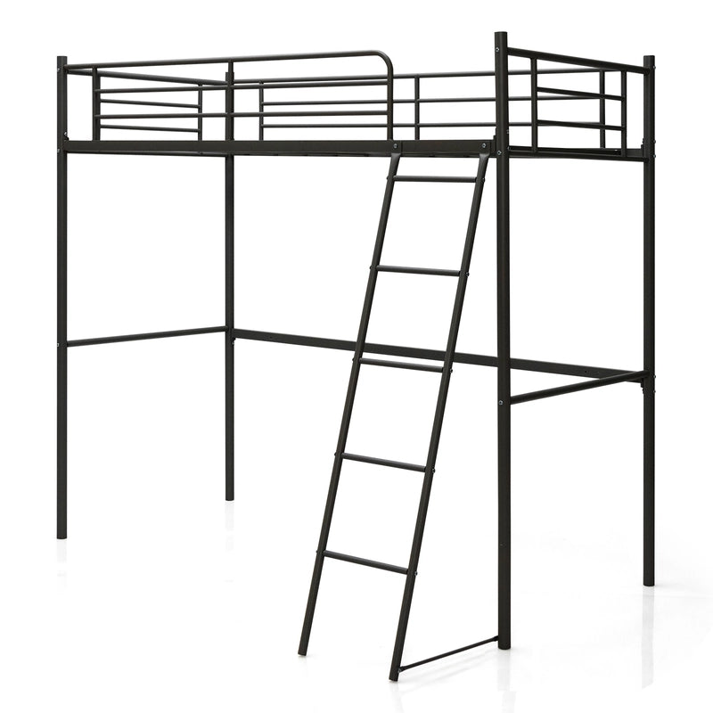 Metal Loft Bed with Integrated Ladder and Full-length Guardrails-Black