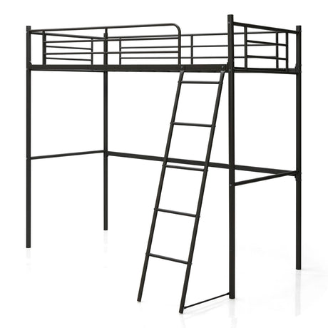 Metal Loft Bed with Integrated Ladder and Full-length Guardrails-Black