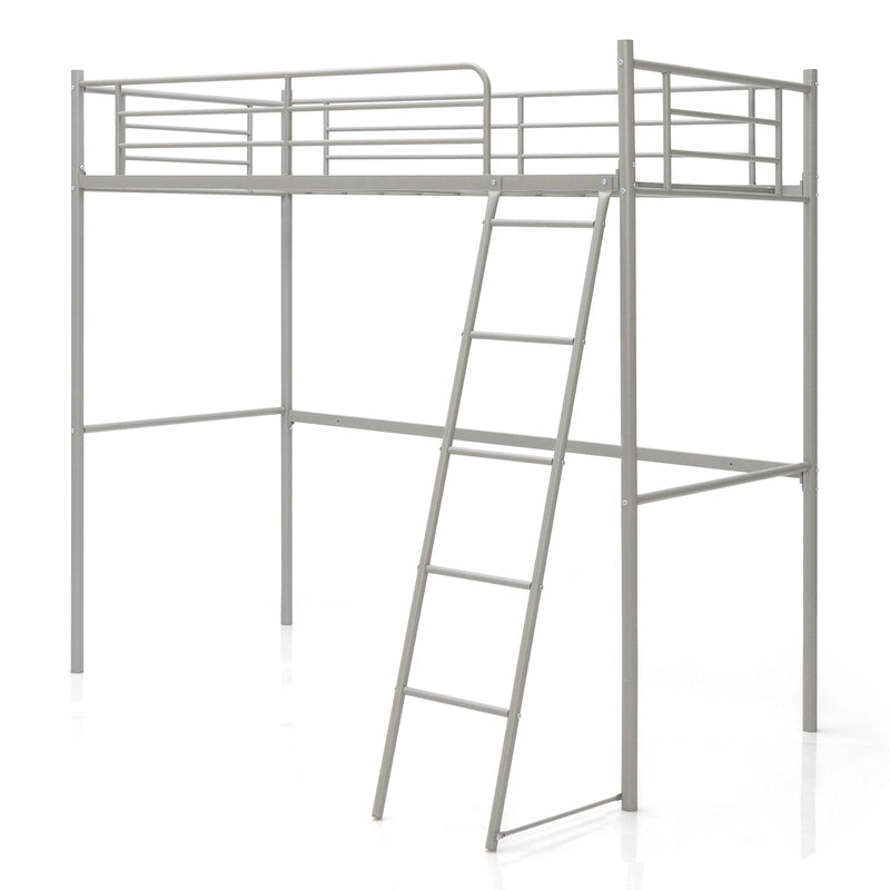 Metal Loft Bed with Integrated Ladder and Full-length Guardrails-Silver
