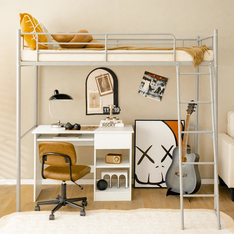 Metal Loft Bed with Integrated Ladder and Full-length Guardrails-Silver
