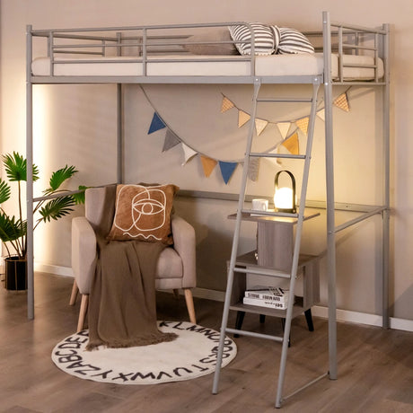 Metal Loft Bed with Integrated Ladder and Full-length Guardrails-Silver