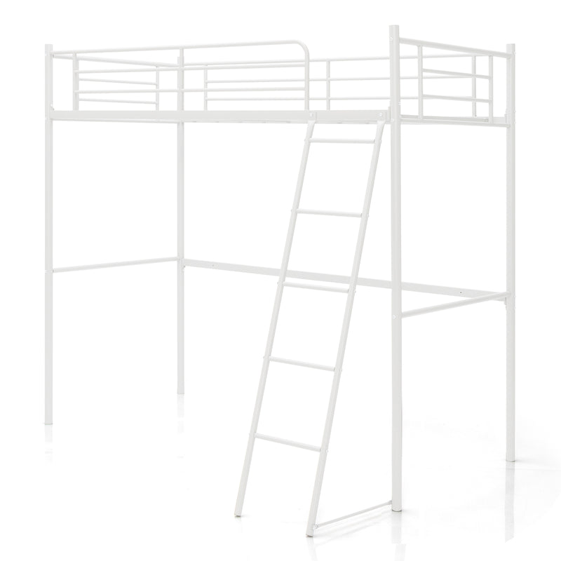 Metal Loft Bed with Integrated Ladder and Full-length Guardrails-White