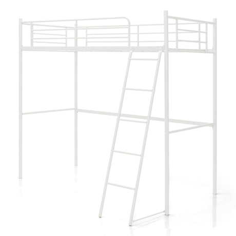 Metal Loft Bed with Integrated Ladder and Full-length Guardrails-White