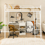Metal Loft Bed with Integrated Ladder and Full-length Guardrails-White