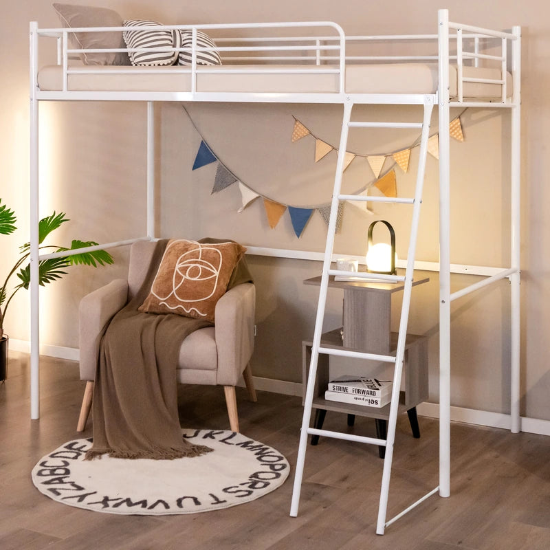 Metal Loft Bed with Integrated Ladder and Full-length Guardrails-White