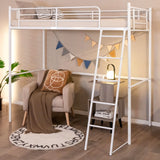 Metal Loft Bed with Integrated Ladder and Full-length Guardrails-White