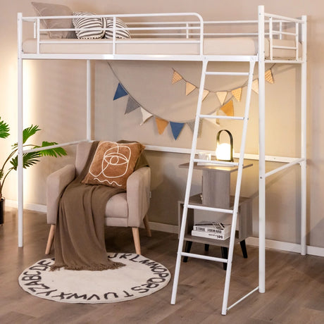 Metal Loft Bed with Integrated Ladder and Full-length Guardrails-White