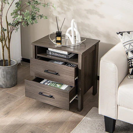 Modern Wood Grain Nightstand with Cable Hole &amp; Open Compartment &amp; 2 Drawers-Coffee