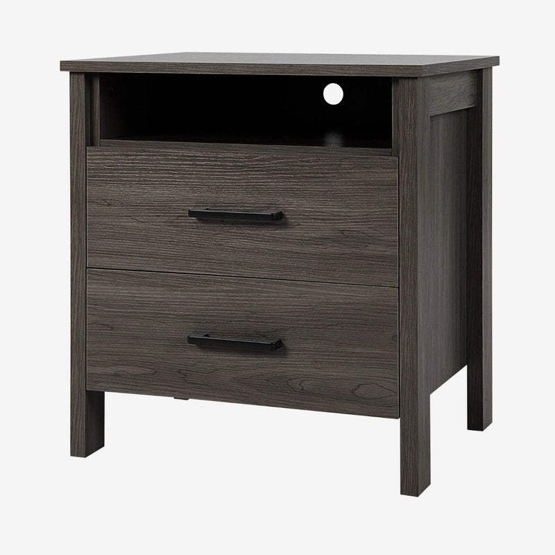 Modern Wood Grain Nightstand with Cable Hole &amp; Open Compartment &amp; 2 Drawers-Coffee