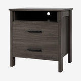 Modern Wood Grain Nightstand with Cable Hole &amp; Open Compartment &amp; 2 Drawers-Coffee