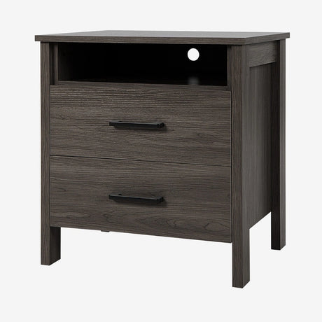 Modern Wood Grain Nightstand with Cable Hole &amp; Open Compartment &amp; 2 Drawers-Coffee