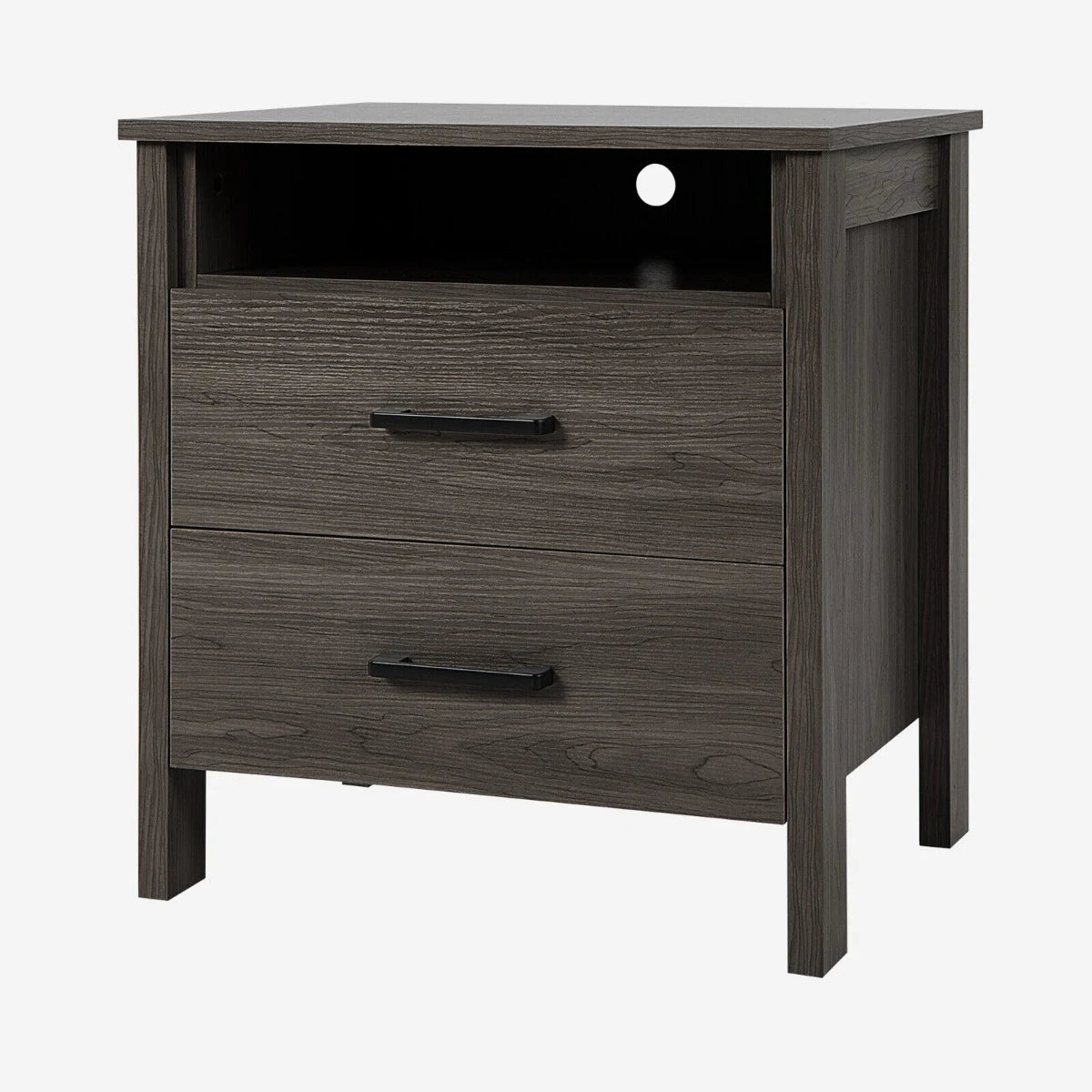 Modern Wood Grain Nightstand with Cable Hole &amp; Open Compartment &amp; 2 Drawers-Coffee