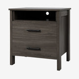Modern Wood Grain Nightstand with Cable Hole &amp; Open Compartment &amp; 2 Drawers-Coffee
