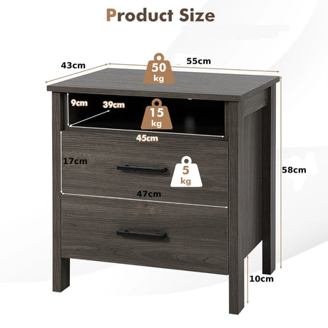 Modern Wood Grain Nightstand with Cable Hole &amp; Open Compartment &amp; 2 Drawers-Coffee